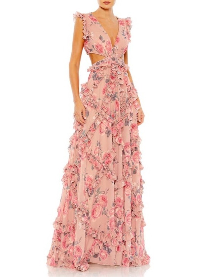 Mac Duggal Floral Ruffle Cutout Chiffon A-Line Gown