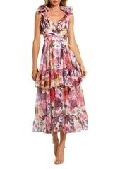 Mac Duggal Floral Ruffle Plissé Midi Cocktail Dress