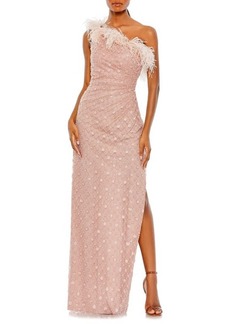Mac Duggal Floral Sequin Feather Trim One-Shoulder Sheath Gown