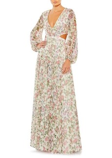 Mac Duggal Floral Sequin Long Sleeve Lace-Up Back Mesh Gown