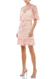 Mac Duggal Flounce Sleeve Floral Embellished Dress