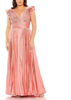 Mac Duggal Flutter Sleeve Pleated V-Neck Gown