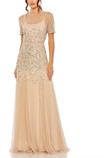 Mac Duggal High Neck Short Sleeve Sequin Embellished Gown