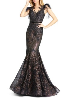 Mac Duggal Illusion Sequin Lace Feather Sleeve Mermaid Gown