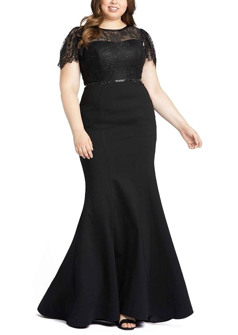 Mac Duggal Lace Illusion High Neck Cap Sleeve Gown