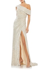 Mac Duggal Off-the-Shoulder Beaded Side Shirred Gown