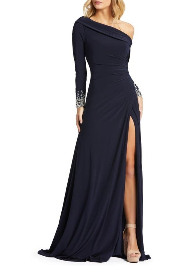 Mac Duggal One-Shoulder Long Sleeve Jersey Gown