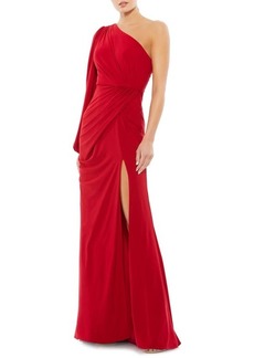 Mac Duggal One-Shoulder Long Sleeve Ruched Jersey Gown