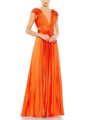 Mac Duggal Pleated Ruffled Cap Sleeve Cut Out Lace Up Gown