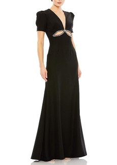 Mac Duggal Puff Sleeve Embellished Cutout Evening Gown