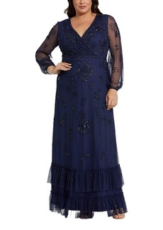 Mac Duggal Puff Sleeve V-Neck Tiered Embellished Gown