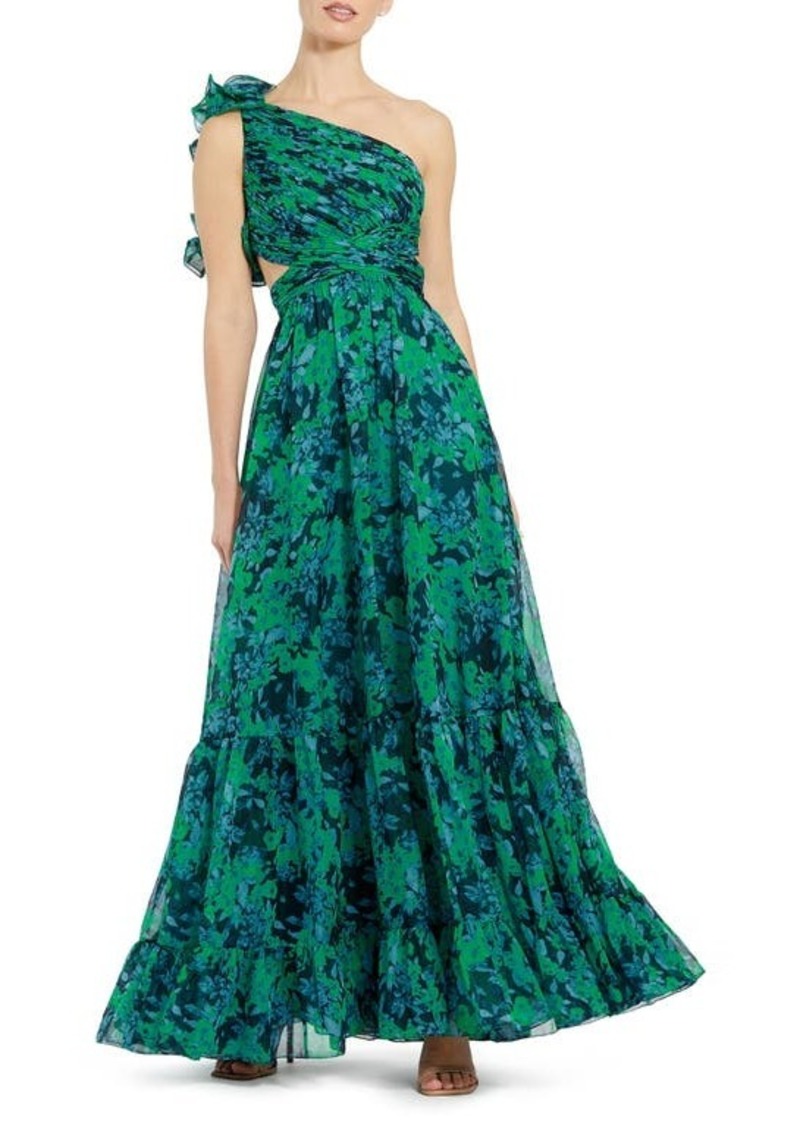 Mac Duggal Ruffle Ruched Floral Print One-Shoulder Gown