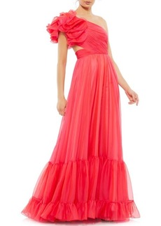 Mac Duggal Ruffled One-Shoulder Lace-Up A-Line Gown