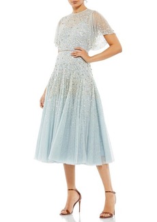 Mac Duggal Sequin & Crystal Embellished Ruffle Sleeve Midi Cocktail Dress