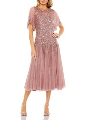 Mac Duggal Sequin & Crystal Embellished Ruffle Sleeve Midi Cocktail Dress