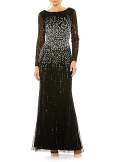 Mac Duggal Sequin Embellished Bateau Neck Long Sleeve A-Line Gown