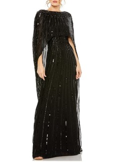 Mac Duggal Sequin Embellished Long Sleeve Capelet Column Gown