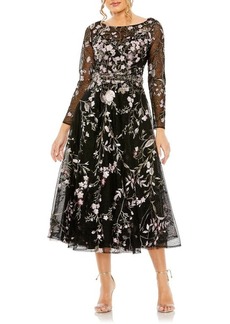 Mac Duggal Sequin Embroidered Long Sleeve Midi Cocktail Dress