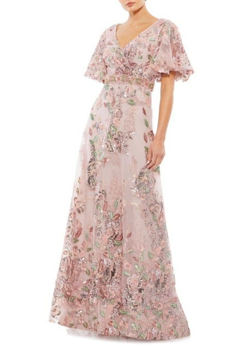 Mac Duggal Sequin Floral Butterfly Sleeve A-Line Gown