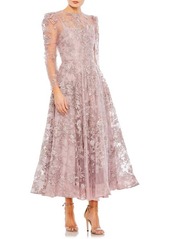 Mac Duggal Sequin Floral Long Sleeve Tulle Midi Dress