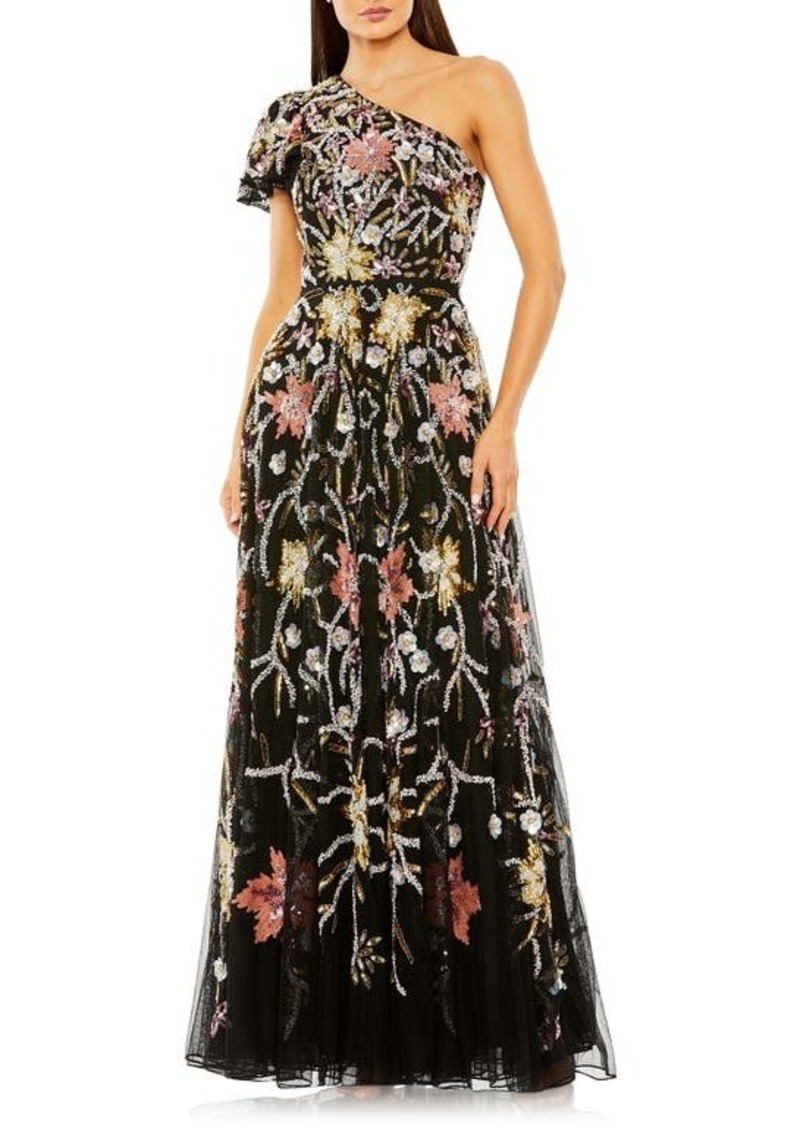 Mac Duggal Sequin Floral One-Shoulder Mesh A-Line Gown