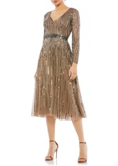Mac Duggal Sequin Stripe Long Sleeve A-Line Dress