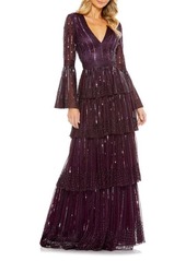 Mac Duggal Sequin Stripe Long Sleeve Tiered Ruffle Gown