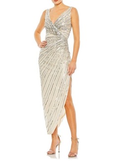 Mac Duggal Sequin Stripe Wrap Front Sheath Gown