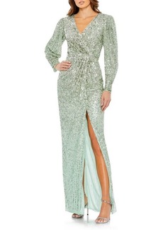 Mac Duggal Sequin Wrap Bodice Long Sleeve Gown
