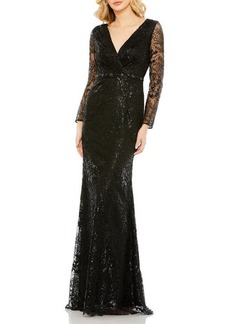 Mac Duggal Sequin Wrap Front Long Sleeve Sheath Gown