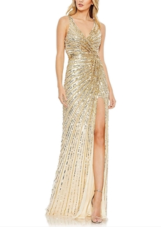 Mac Duggal Sequined Faux Wrap Sleeveless Gown