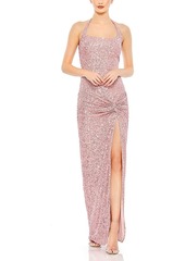 Mac Duggal Sequined Halter Strap Low Side Knot Gown