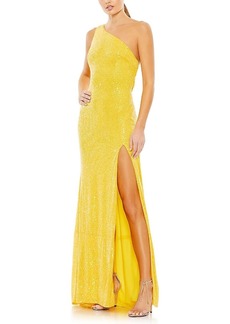 Mac Duggal Sequined One Shoulder Draped Back Gown