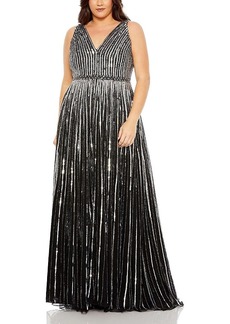 Mac Duggal Sequined Striped Sleeveless V Neck A Line Gown