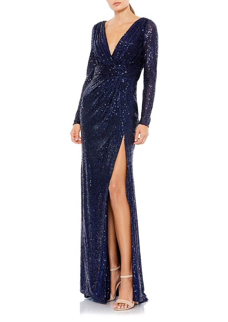Mac Duggal Sequined V Neck Long Sleeve Gown
