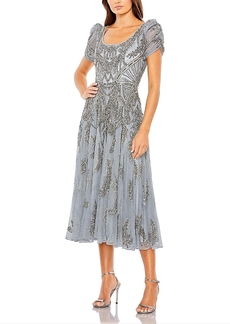 Mac Duggal Short Sleeve Beaded Aline Tea Length Dress