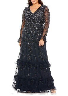 Mac Duggal V- Neck Embellished Long Flutter Sleeve Gown