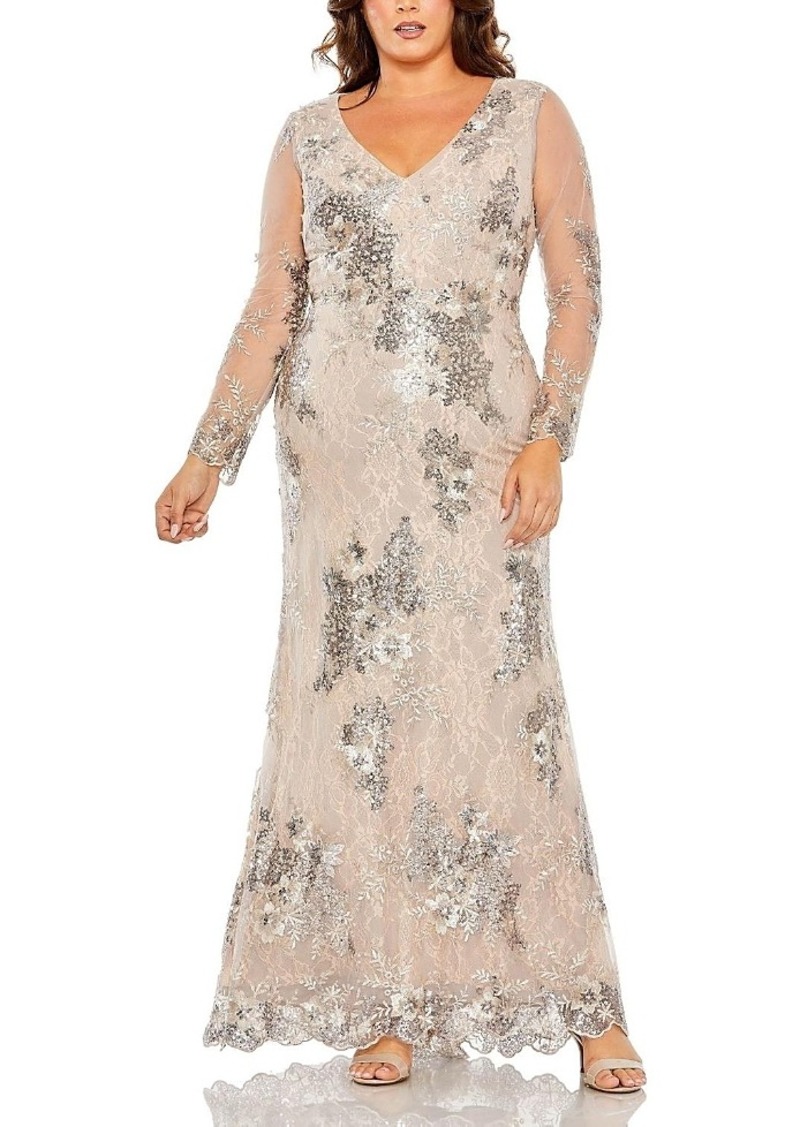 Mac Duggal V Neck Mesh Long Sleeve Embroidered Gown