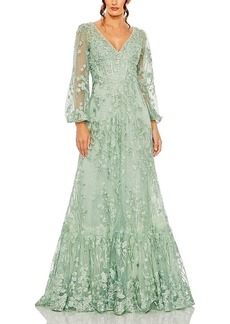 Mac Duggal V Neck Puff Sleeve A Line Embroidered Gown