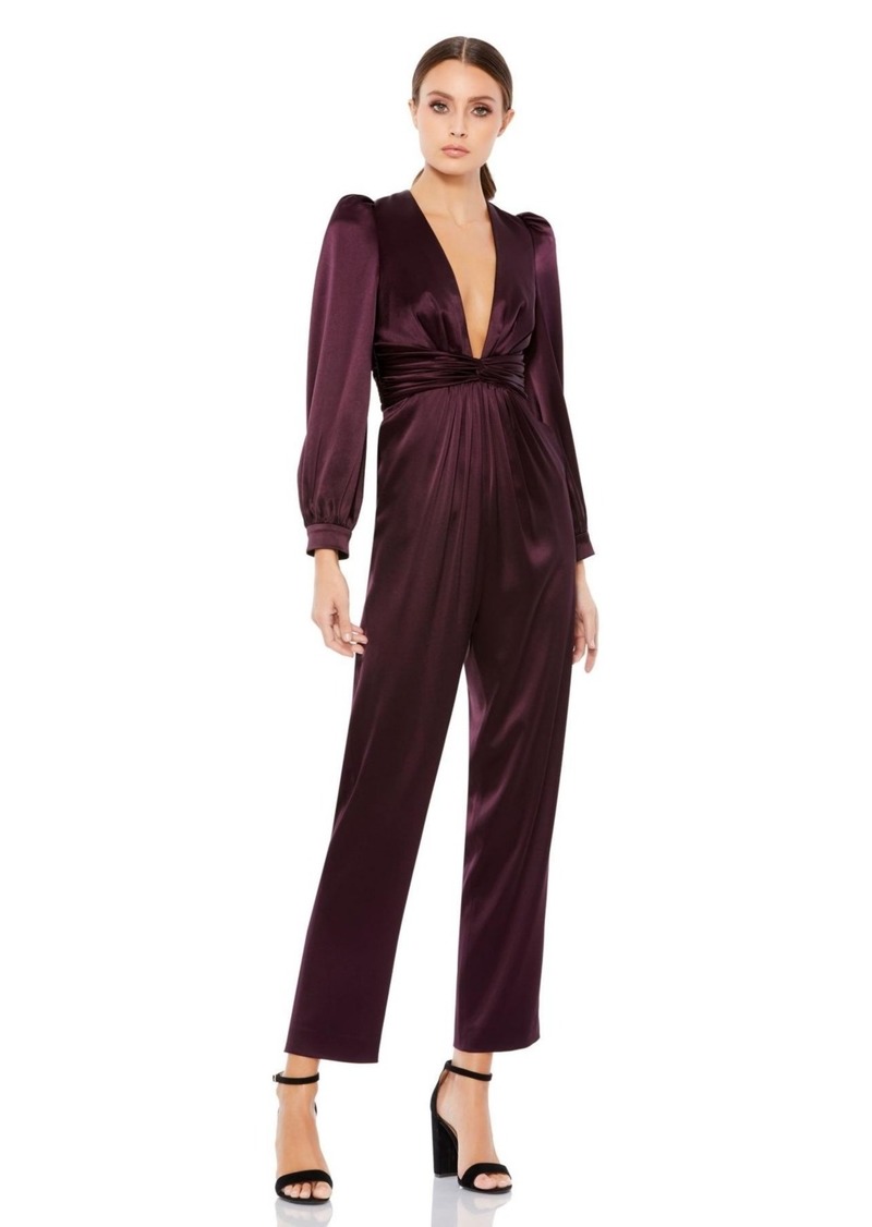 Mac Duggal Women's Ieena Front Twist Puff Sleeve Deep V Jumpsuit - Plum