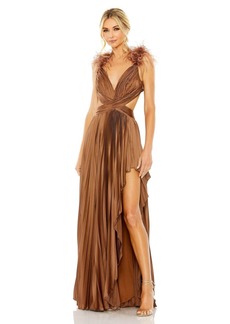 Mac Duggal Women's Ieena Pleated Feather Cap Sleeve Open Back Gown - Chocolate