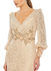 Mac Duggal Women's Lace Long Sleeve V Neck Embellished Gown - Blush