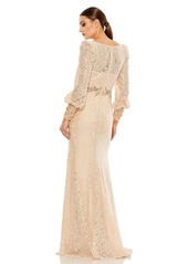 Mac Duggal Women's Lace Long Sleeve V Neck Embellished Gown - Blush