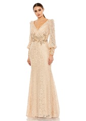 Mac Duggal Women's Lace Long Sleeve V Neck Embellished Gown - Blush