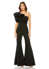 Mac Duggal Women's One Shoulder Ruffle Detail Flare Pant Jumpsuit - Black