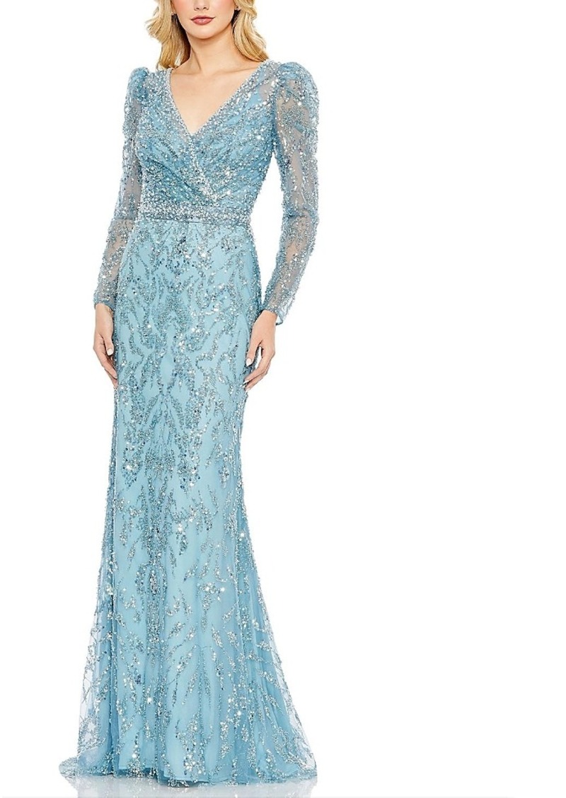 Mac Duggal Wrap Around V-Neck Full Sleeve Sequin Embellished Gown
