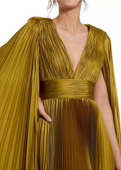 Mac Duggal Metallic Pleated Charmeuse Cape Gown