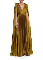 Mac Duggal Metallic Pleated Charmeuse Cape Gown