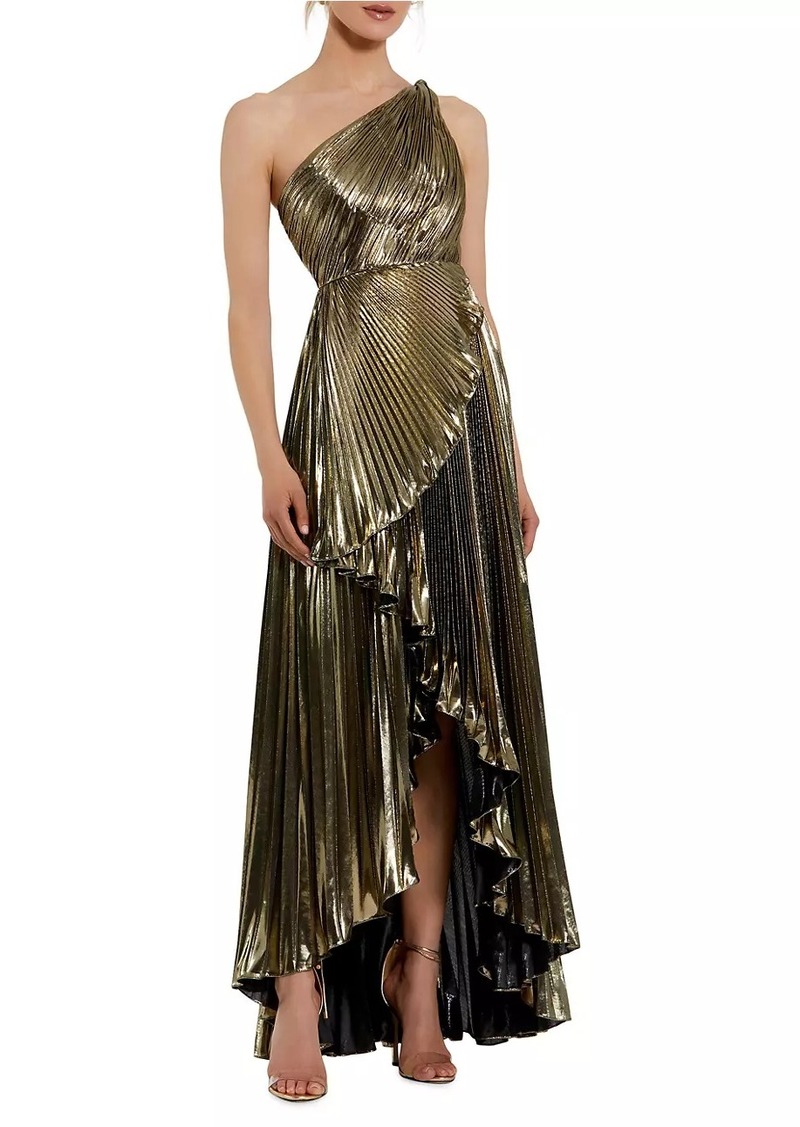 Mac Duggal Metallic Pleated One-Shoulder Faux-Wrap Gown