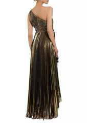 Mac Duggal Metallic Pleated One-Shoulder Faux-Wrap Gown